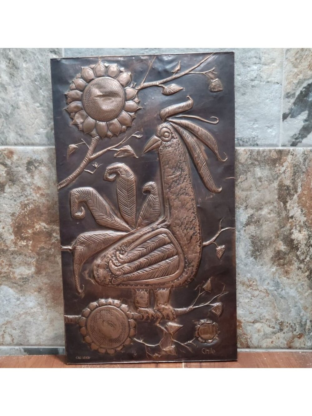 VTG MCM Chile Copper Relief Wall Art Signed Caliban Folk Art Rooster Sunflower